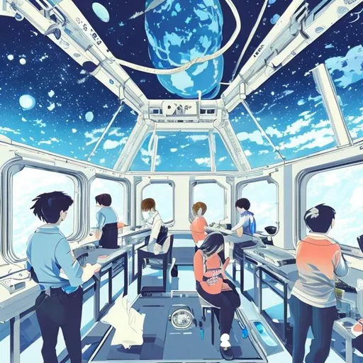 Prompt: Students sit in a lab on a space station. Space can be seen from the windows. illustration anime style. 