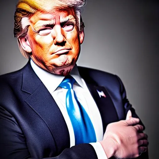 Prompt: photo realistic portrait of Donald Trump, centered in frame, facing camera, 85mm lens,f8, photography, ultra details, natural light, light background, photo, Studio lighting