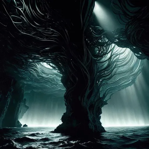 Prompt: AI-generated digital painting showcasing dramatic lighting and shadows reminiscent of film noir, Deep contrasts, low-key lighting, and strong chiaroscuro effects, Moody atmosphere and high level of detail, Art by Lucas Thompson and Emily Foster, sea creature, abstract, surrealism, hyper detail, line art --ar 15:10