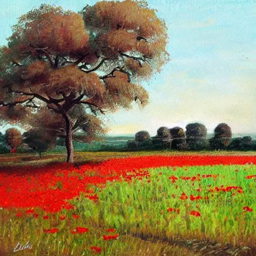 Prompt: painting of paddy fields with poppies and trees in 40s