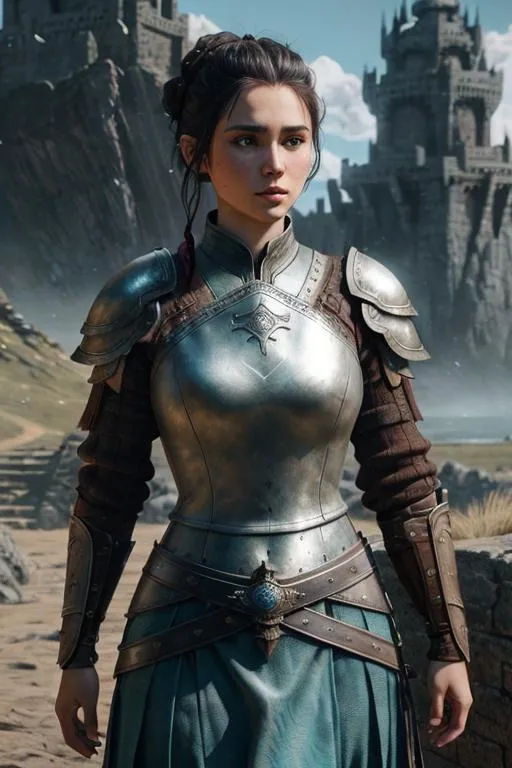 Prompt: Artgerm, 3d render, freckled young woman with shaggy brown hair pulled back in messy bun and light blue eyes | wearing barbarian armor | game of thrones, lord of the rings,  dragon age, d & d, atmospheric,,elder scrolls,, Intricate, Elegant, airbrush art, Scenic, Hyper-Realistic, CryEngine, Octane Render, 8k, symmetrical face, accurate anatomy