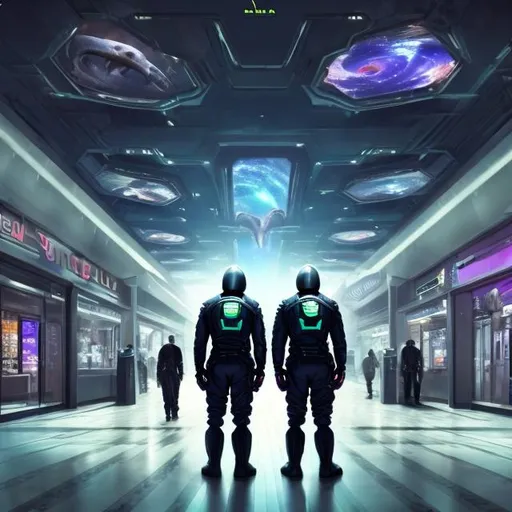 Prompt: Mastodon security guards in a busy alien mall, widescreen, infinity vanishing point, galaxy background, surprise easter egg