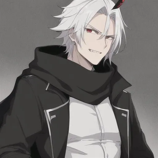 Anime boy, white hair, hoodie, smiling, necklace, gray eyes, Anime