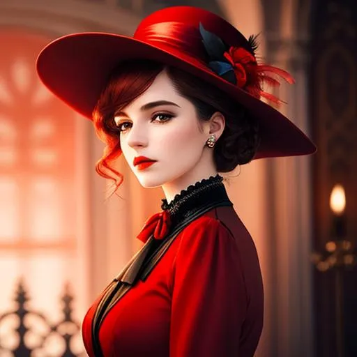 Prompt: fashionable 1st class  female passenger on the Titanic, pale skin, dark styled hair, large lips,  looking sad, facial closeup, vibrant colors, red dress and elaborate hat with feathers
