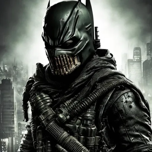 Prompt: Redesigned Todd McFarlane Gritty black and dark green futuristic military commando-trained villain batman Spiderman Batman spawn with full face mask. Bloody. Hurt. Damaged mask. Accurate. realistic. evil eyes. Slow exposure. Detailed. Dirty. Dark and gritty. Post-apocalyptic Neo Tokyo with fire and smoke .Futuristic. Shadows. Sinister. Armed. Fanatic. Intense. 