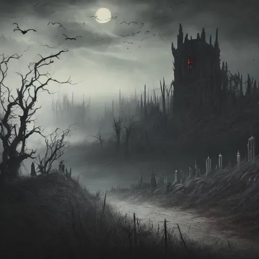 Prompt: creepy landscape with a reaper in back
