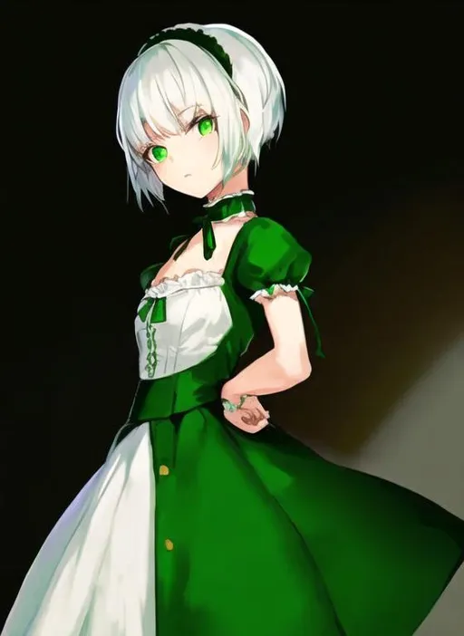 Prompt: Portrait of a cute girl with short, white hair wearing a green and white dress.