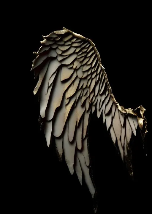 Prompt: create a broken and damaged angel wing viewed from the front, gold-ish highlights, wounded