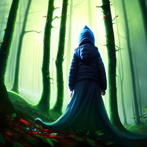 Prompt: concept art, hooded girl in mystic forest, dutch-angle, highly detailed, glow, bokeh, ultra realistic, digital painting, Jason Chan