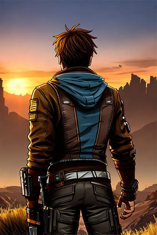 Prompt: Borderlands art style, cell shading, post-apocalyptic landscape, high quality, man with his back turned to the camera