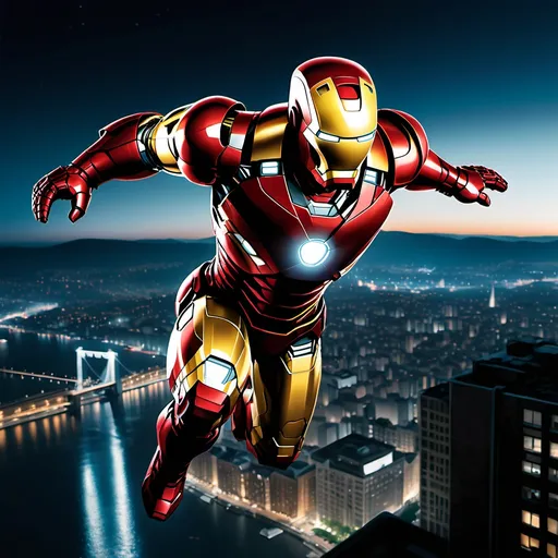 Prompt: Iron Man flying over a cityscape at night.