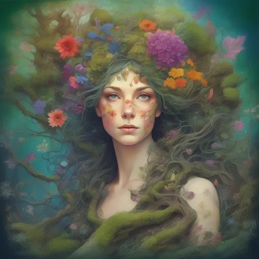 Prompt: A colourful and beautiful Persephone, a forest nymph, with tree bark for skin, branches growing out of her head as hair, moss, plants and flowers growing on her, and flowers and moss for a dress on her in a painted style, framed mountains