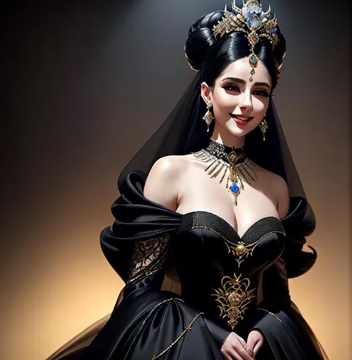 Prompt: Full length portrait, gorgeous 23-year-old woman, in a flowing black silk ballgown, adorned in diamonds, stunning, smiling, clean face, showing in 4k format, intricate work of magical art, almost ethereal, in cgsociety trends, complex, epic, from Ilya Repin, very detailed bright, staged rendering of the character, super high quality model, beautiful face, flowing long locks, slight smirk on her lips, background in style bokeh
