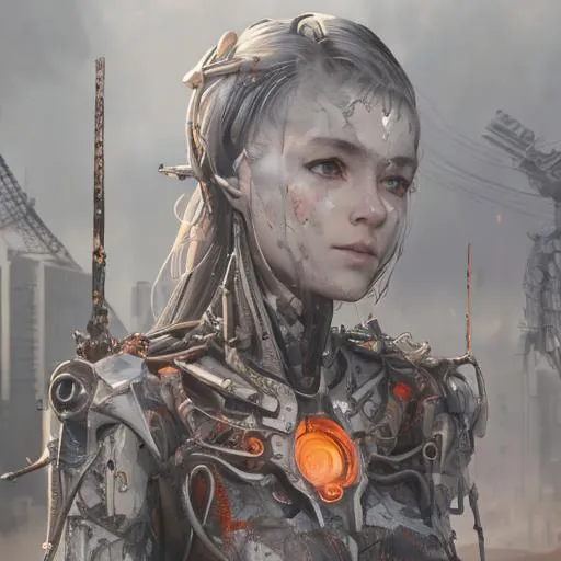 Prompt: Please create a picture of broken cyborg female  thrown in the garbage, destroyed, rust, mechanical, wires, photography, detailed skin, realistic, photo-realistic, 8k, highly detailed, full length frame, High detail RAW color art, diffused soft lighting, shallow depth of field, sharp focus, hyperrealism, cinematic lighting, vibrant colors