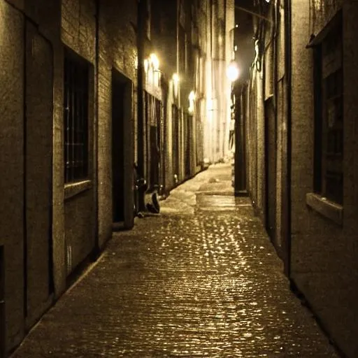 Prompt: a dimly lit alleyway at night