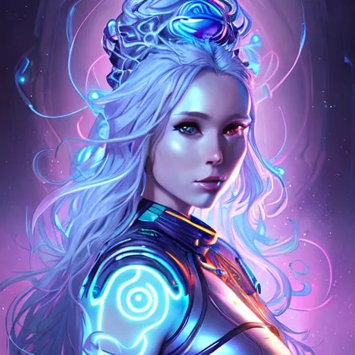 Prompt: A futuristic scifi fantasy detailed portait of an alluring #3238 woman in the style of a Smurf with flowing hair and glowing symbols on her skin.