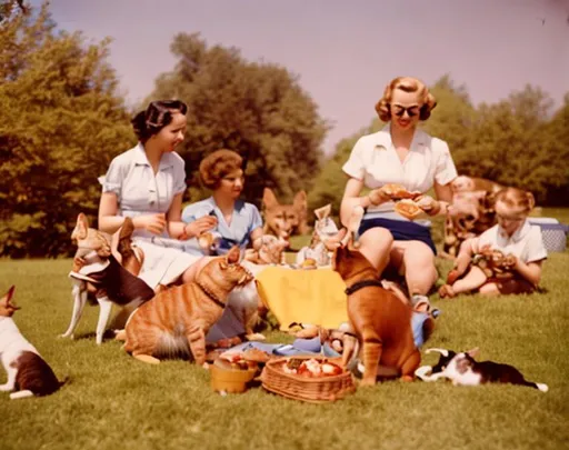 Prompt: 1950 picnic with cats and dogs