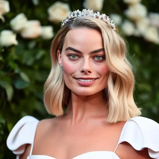Prompt: A Margot Robbie who is kind and likes roses. She is a queen and has an authoritative look in her eye but a polite smile, she is wearing a rose tiara, 64k.