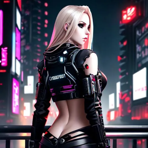 Prompt: Cherry, beautiful slender young woman with long lightblonde Hair,nice perfect face,in tattered black cloth, show her backside,futuristic and cyberpunk City background, UHD, dark fantasy
