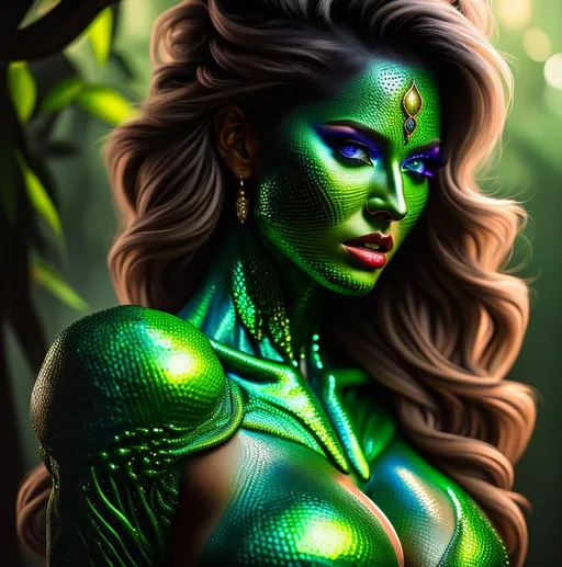 Prompt: UHD, , 8k, high quality, oil painting, hyper realism, Very detailed, zoomed out view of character,  gorgeous green skin female with an extra set on the center of her chest
