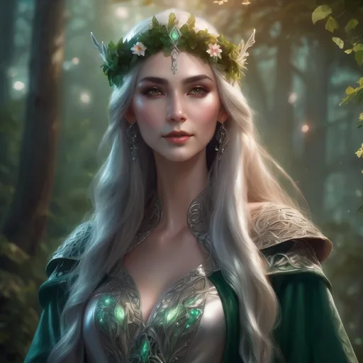 Prompt: Adult slim female elf royalty, graceful posture, ethereal elegance, adorned in intricate silver and emerald robes, wearing a delicate crown, long flowing hair adorned with flowers, serene expression, surrounded by enchanted forest backdrop, magical soft lighting highlighting her features, enchanting atmosphere, mystical aura, ultra-detailed, high quality.