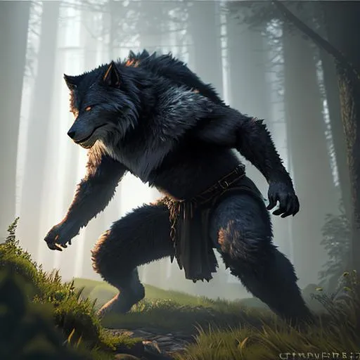 Prompt: Oil painting, landscape,  
ultra-realistic, 3d lighting, perfect composition, unreal engine 8k octane, 3d lighting, UHD, HDR, 8K, render, HD, 

highly detailed, camera  far away from the character, visible full body, 

ethereal, unnatural grey-skinned menacing werewolf in a battle stance resembling the Druid from Diablo 2 character, with big claws, a small tail, rear wolf limbs fibulas and hocks, and (gothic black and golden armor) with pauldrons, standing at the top of a lush hill in a dark forest at a red full moon's night, fighting infernal monsters. 

Landscape, (Masterfully crafted Glow, pale blue lens flare) behind
