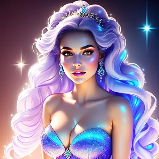 Prompt: Beautiful ethereal girl, ((snow white skin)), magic glowing orbs, ((wearing diamantine intricate gown)) ((long bright multi coloured galaxy curly hair)), glowing, trails of light, wisps, soft white skin, slight sparkles, unreal engine 8k octane, 3d lightning, stellar, quartz, gem rain, luminous chest, fantasy