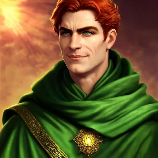 Prompt: Fantasy art, male, shaved face rendered eyes, short reddish blonde hair, dark laugh lines, light wrinkles on the forehead, crow's feet, green eyes, a medium skin tone, blue and red undertones, friendly, round face, weak chin, shallow cheekbones, light green and blue religious robes, rpg game, concept art, fantasy, by alex ross, medieval, dnd, dungeons and dragons, dark fantasy