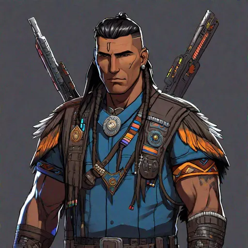 Prompt: A Male Cyberpunk native american policeman, with traditional garbs. Well Draw Face. Detailed. RPG art, Cyberpunk rpg art, Studio trigger. 2d art. 2d. 