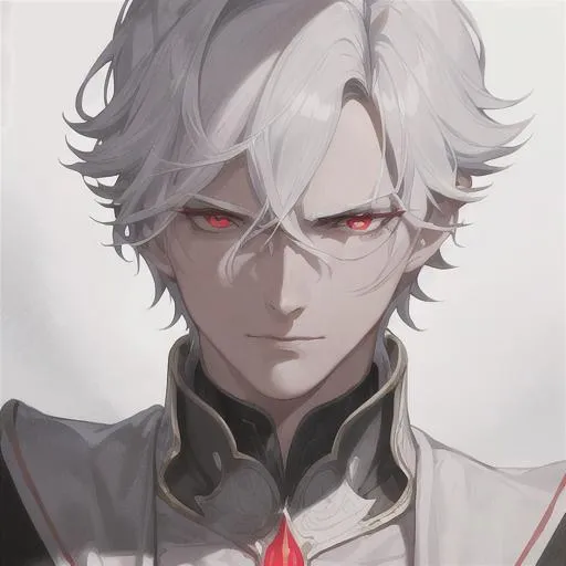 Prompt: "A close-up photo of a handsome prince with short hair, white hair, glowing red eyes, wearing a kings robe, in hyperrealistic detail, with a slight hint of disgust in his eyes. His face is the center of attention, with a sense of allure and mystery that draws the viewer in, but his eyes are also slightly downcast, as if a sense of disgust is lingering in his thoughts. The detailing of his face is stunning, with every pore, freckle, and line rendered in vivid detail, but the image also captures the subtle emotions of disgust that might lie beneath his surface."