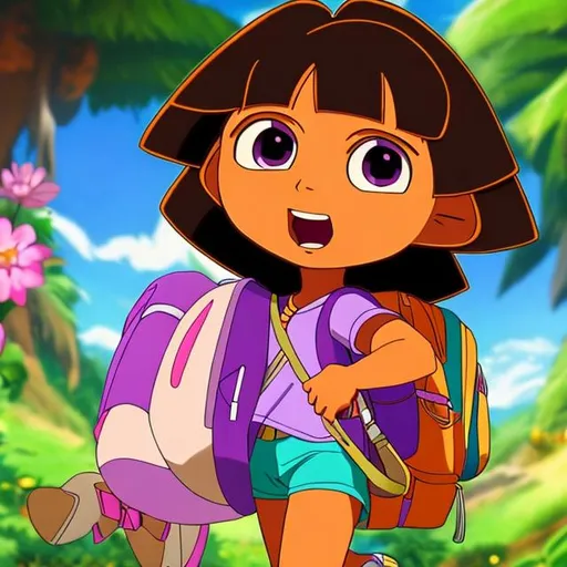 Prompt: Anime Dora the explorer. Soft eyes, smooth skin, long hair, dark skin
