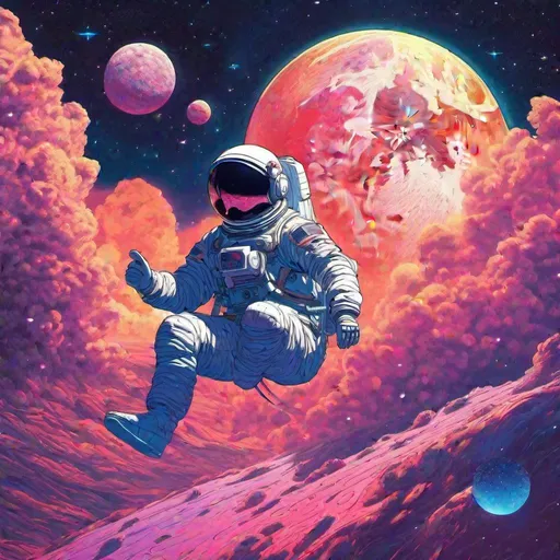 Prompt: vaporwave art, astronaut sitting on a floating rock in space, comets flying in the background, sun and moon coming together creating a small explosion, highly detailed, hd, hayao  miyazaki