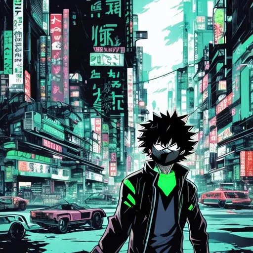 Prompt: Black and neon green. Accurate vigilante deku. Dark image. Background partially destroyed neo Tokyo. 