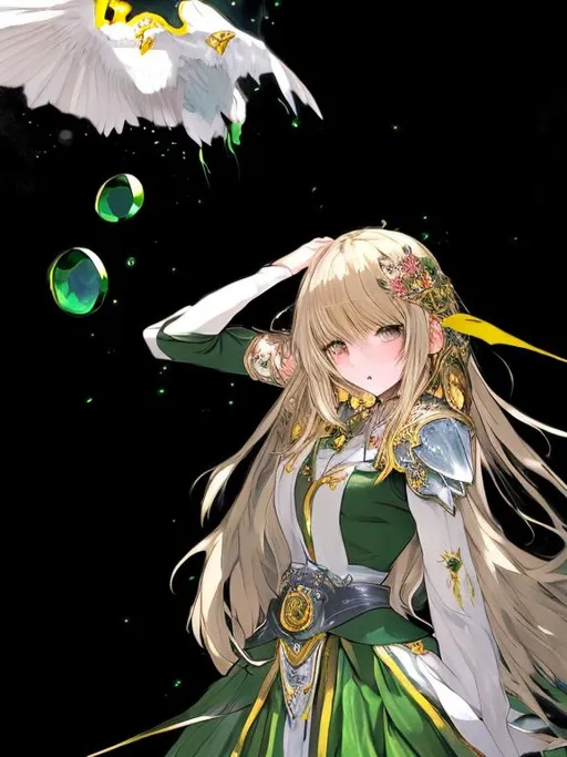 Prompt: (masterpiece), anime art, best quality, expressive eyes, perfect face, 1girl, fourteen years old girl, full body, long green hair, long hair, unbound hair, green right eye, blue left eye, heterochromatic eyes, standing, holding a pike, weapon, gauntlets, greaves, thigh highs armour, green dress with yellow ribbons, open front gown, green gown, choker, strings connected to the body, strings going upward, giant hands above, black gloved hands above, strings emanating from the giant hands