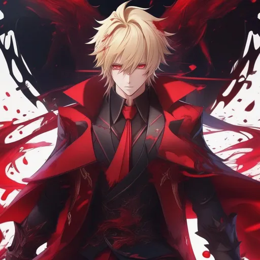 Prompt: 3d anime man covered in blood blonde hair and red outfit with red eyes half demon half human and beautiful pretty art 4k full HD