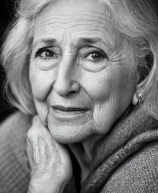 Prompt:  Use AI to create a stunning portrait of an elderly woman with piercing eyes that reveal a lifetime of knowledge and insight. Capture the essence of his character through his expression and demeanor. Use AI to capture the texture of his skin, the wrinkles around his eyes, and the details in his hair  by annie Leibovitz 