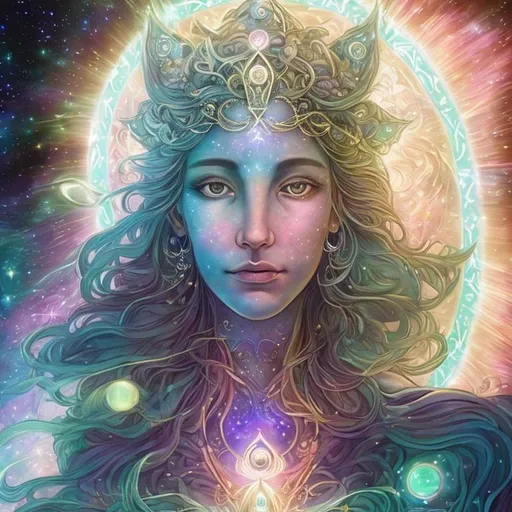 Prompt: "In the vast tapestry of the multiverse, the celestial realm of Polaris, the North Star, shines as a guiding light for explorers across dimensions. The goddess Polaris, an ethereal being of cosmic wisdom, is our cosmic navigator. She presides over the zodiac gods, offering her guidance to those who seek knowledge, harmony, and enlightenment in the universe.

In this NFT artwork, we delve into the secrets of the string theory, where the universe is a complex web of interconnected strings vibrating in harmonious resonance. These strings give birth to galaxies, planets, and the very essence of existence. Polaris, as the central figure, is portrayed as a radiant, otherworldly being adorned with constellations and zodiac symbols, signifying her connection to the stars and their influence on our destiny.

Around her, we see the solar system in all its splendor, with each planet represented in intricate detail. The sun, our life-giving star, serves as the source of knowledge and energy, illuminating the path of enlightenment.  She has human features like long flowing blonde hair and a crown of blue sapphires. Very curvy and beautiful.  She has planets behind her like Pluto, Saturn her moons, and Uranus.  Focus on the details in her face make sure she is beautiful.






