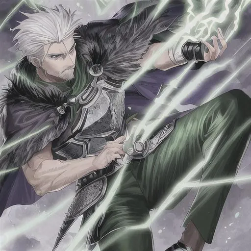 Prompt: Art is in a 90s anime style. A 40 year old looking man with short white hair and chin hair. He has one right eye with a green iris and his other eye is a storm with lightning. He is wearing chainmail armor over a green shirt, black cloth pants and is shoeless. He has a fur cape, an armored right arm and he is holding a 3 pronged golden spear in his right arm. He looks extremely depressed.