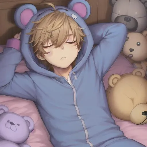 A innocent tired boy with a cue bear onesie, fnaf