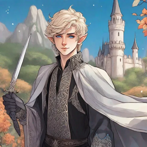 Prompt: Closeup. A cute young male elf from changeling the dreaming. He wields a dagger. He is dressed in lavish court dress. He wears in black with silver details. He has Blond hairs. Blue eyes. background a fairy castle on an hill. Rpg art. 2d art. 2d. well draw face. Detailed. 