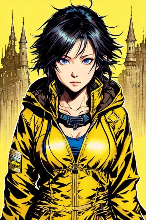 Prompt: (((Yoji Shinkawa))), sticker of ultra detailed portrait of 1 female, blue eyes, short  black messy hair in yellow hooded tunic. high quality cell shaded illustration in fantasy apocalyptic style by Yoji Shinkawa, ((full body)), dynamic pose, perfect anatomy, castle setting, magician, centered, freedom, soul, approach to perfection, cell shading, 4k , cinematic dramatic atmosphere, watercolor painting, global illumination, detailed and intricate environment, artstation, concept art, fluid and sharp focus, volumetric lighting, cinematic lighting, Art by Yoji Shinkawa,