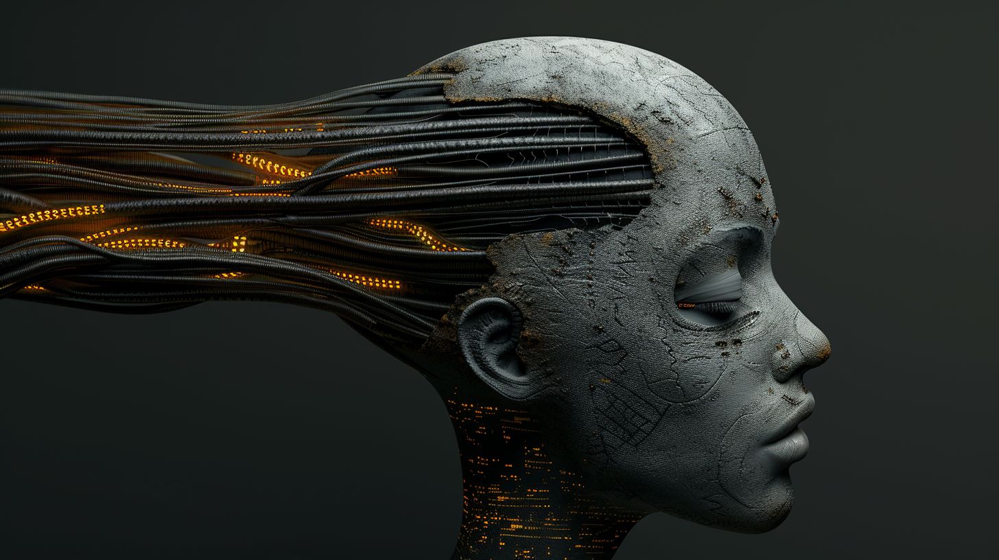 Prompt: Illustration with a fantasy theme, presenting a humanoid figure whose matte gray skin seems to glow faintly. The dark eyes, large and expressive, hold a galaxy of stories. The face is adorned with intricate patterns of gold and silver, so detailed they seem to pulsate with life. Rising from the forehead is a crown, not just of wires, but of liquid metal that twists and turns, capturing the essence of both fluidity and rigidity. The neck, a testament to both nature and machine, is a nexus of metal tubes, each with its own personality. Against this, the background stands subdued, a canvas of muted dark shades.