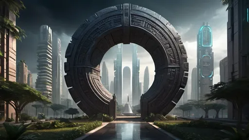 Prompt: magical portal between cities realms worlds kingdoms, circular portal, ring standing on edge, upright ring, freestanding ring, hieroglyphs on ring, complete ring, ancient mayan architecture, gardens, hotels, office buildings, shopping malls, large wide-open city plaza, panoramic view, dark night, futuristic cyberpunk tech-noir setting