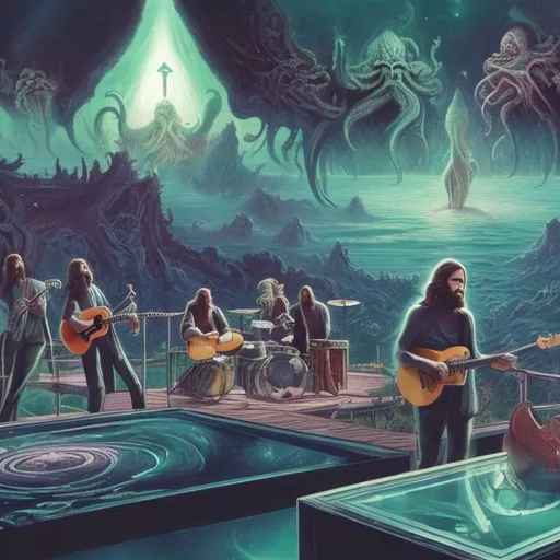 Prompt: wide view of a jesus septet playing guitars, at an exotic rooftop infinity pool, infinity vanishing point, cthulhu nebula background