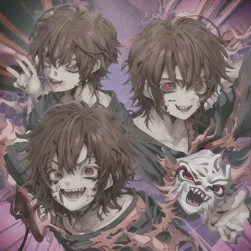 Prompt: insane, cute anime boy, brown hair, smiling, trippy background, demon behind, zoomed out, fangs, aesthetic mask, scars, no horns, hands on face 