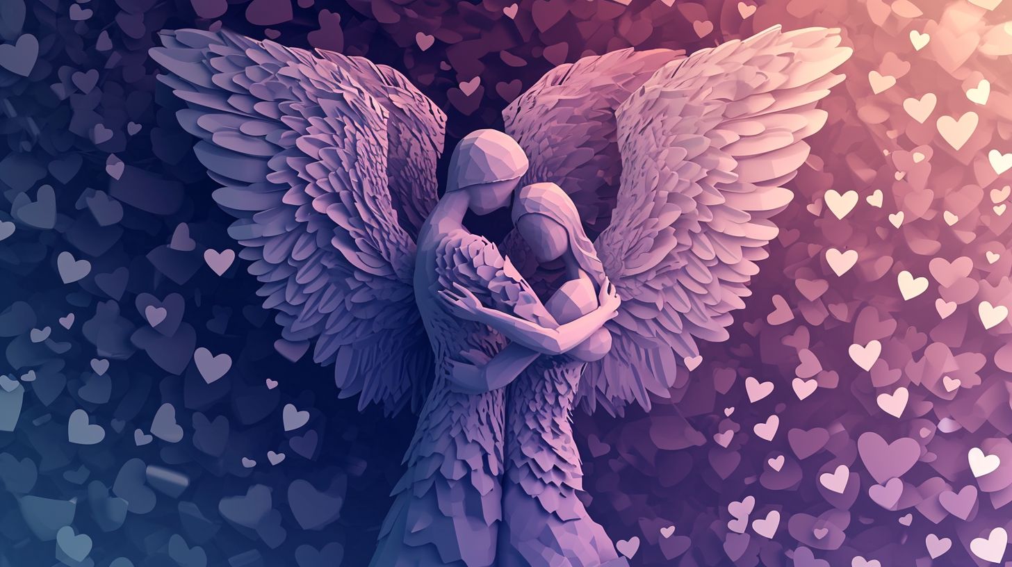 Prompt: vector 3d angels embrace each other with hearts swirling around em