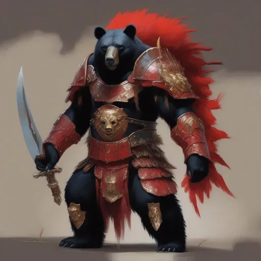Prompt: Akaviri Potentate Bear, black bear, gladiator-like armor, helm with red mohawk and horns, masterpiece, best quality, in oil painting style
