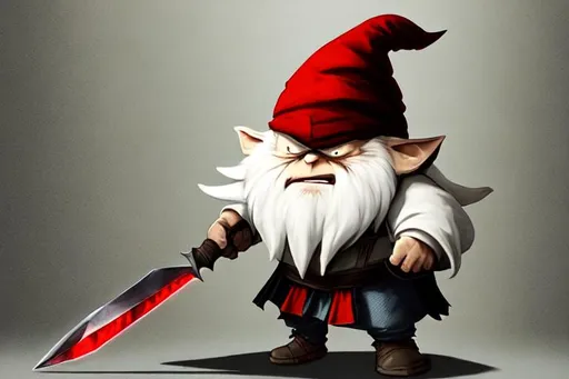 Prompt: angry gnome with a white beard wearing a tall pointy red hat, stabbing a shadow