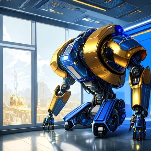 Prompt: create most beautiful photograph of most beautiful fictional, robot, royal, blue, white, golden, futurism, extremely, detailed environment, detailed background, intricate, detailed skin, natural colors , professionally color graded, photorealism, 8k, moody lighting.