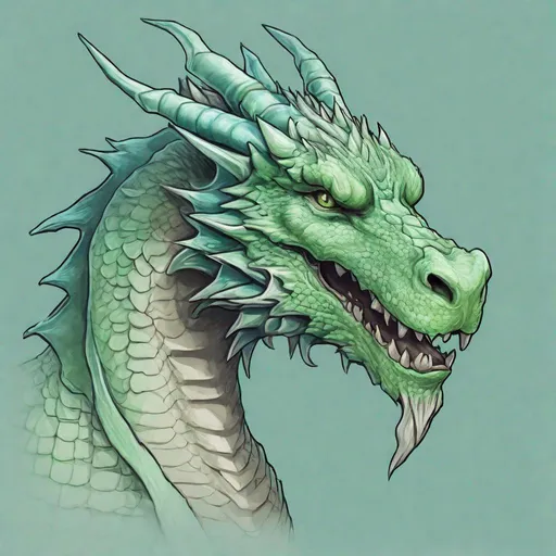 Prompt: Concept design of a dragon. Dragon head portrait. Coloring in the dragon is predominantly pale green with subtle blue streaks and details present.